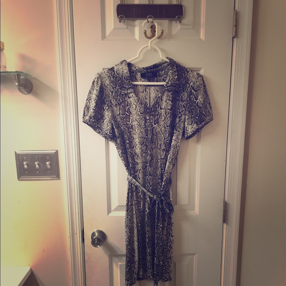 Snakeskin print surplice faux wrap dress.